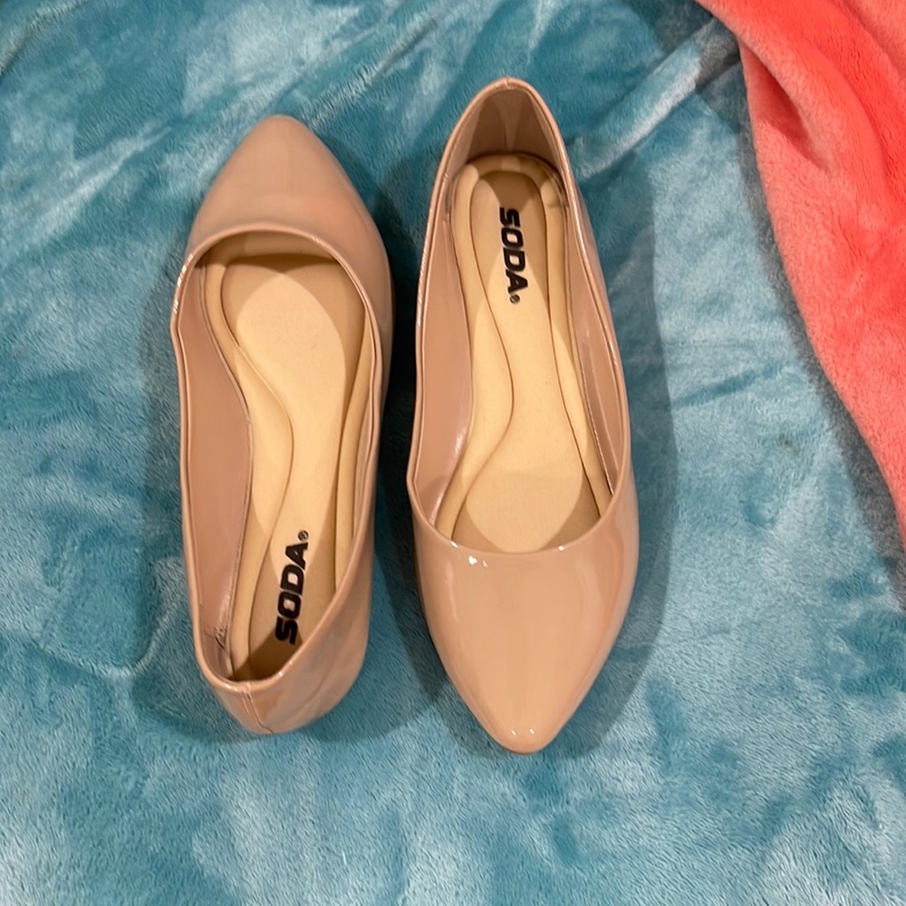 Beige patent slip ons